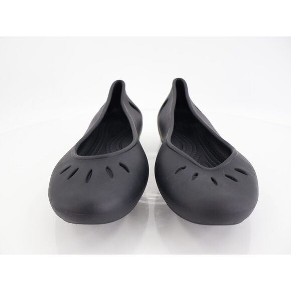 CROCS Women's Kelli Flats Size 7 Iconic Comfort Slip On Shoe Black Rubber Cutout - Picture 2 of 8